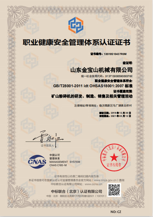職業(yè)健康安全管理體系認(rèn)證證書(shū)
